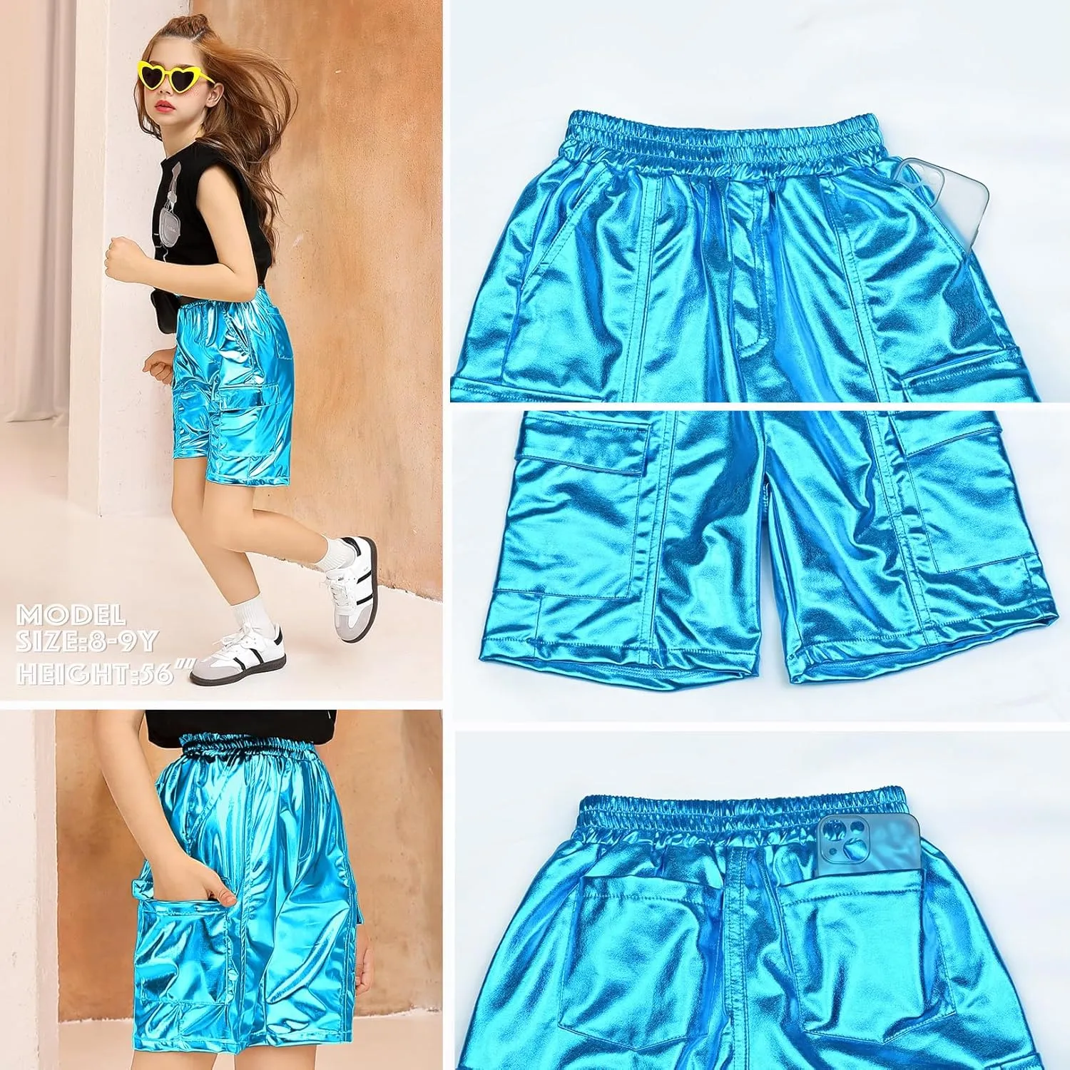 Perfashion Metallic Cargo Shorts for Girls Boys Y2K Multi-Pocket Shorts Streetwear Skater Shorts 4-13Y