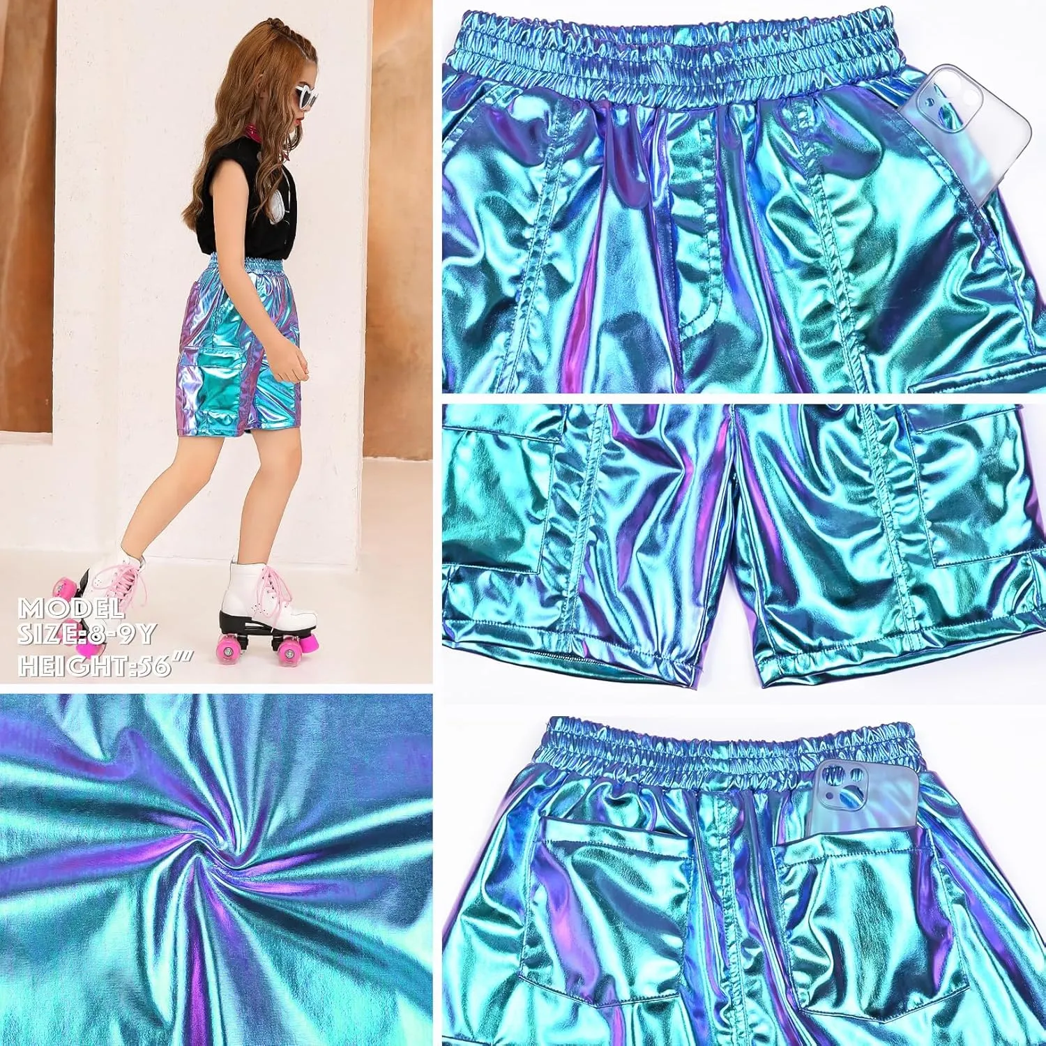 Perfashion Metallic Cargo Shorts for Girls Boys Y2K Multi-Pocket Shorts Streetwear Skater Shorts 4-13Y
