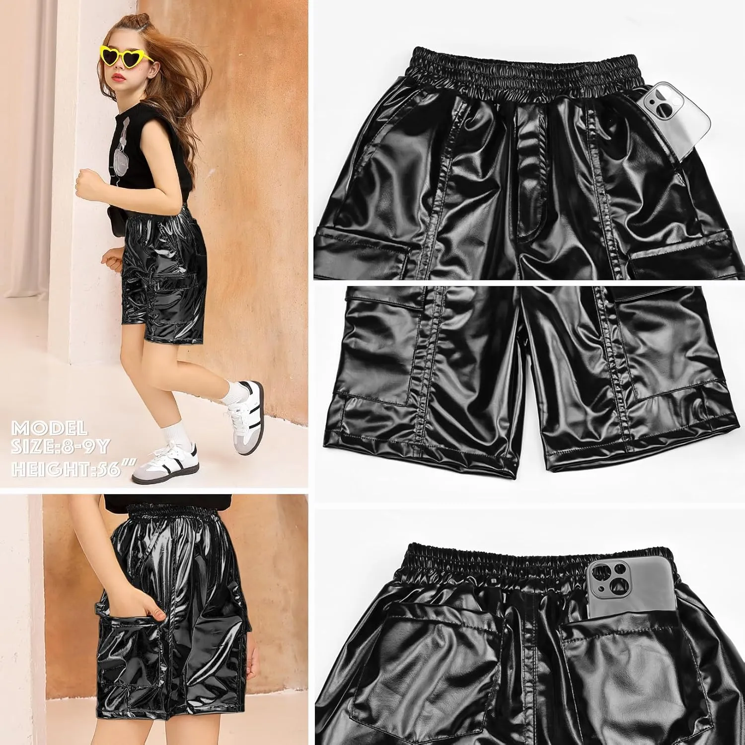 Perfashion Metallic Cargo Shorts for Girls Boys Y2K Multi-Pocket Shorts Streetwear Skater Shorts 4-13Y