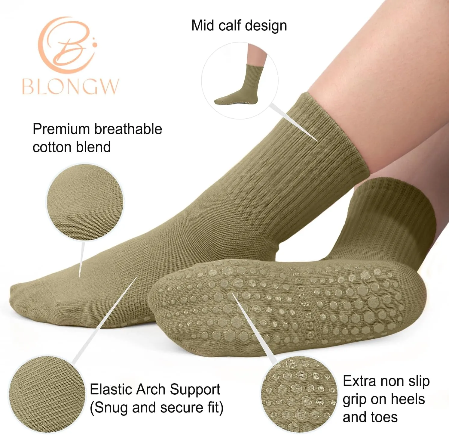 Pilates Socks with Grips for Women, Non-Slip Yoga Athletic Socks for Barre Barefoot Workout Hospital