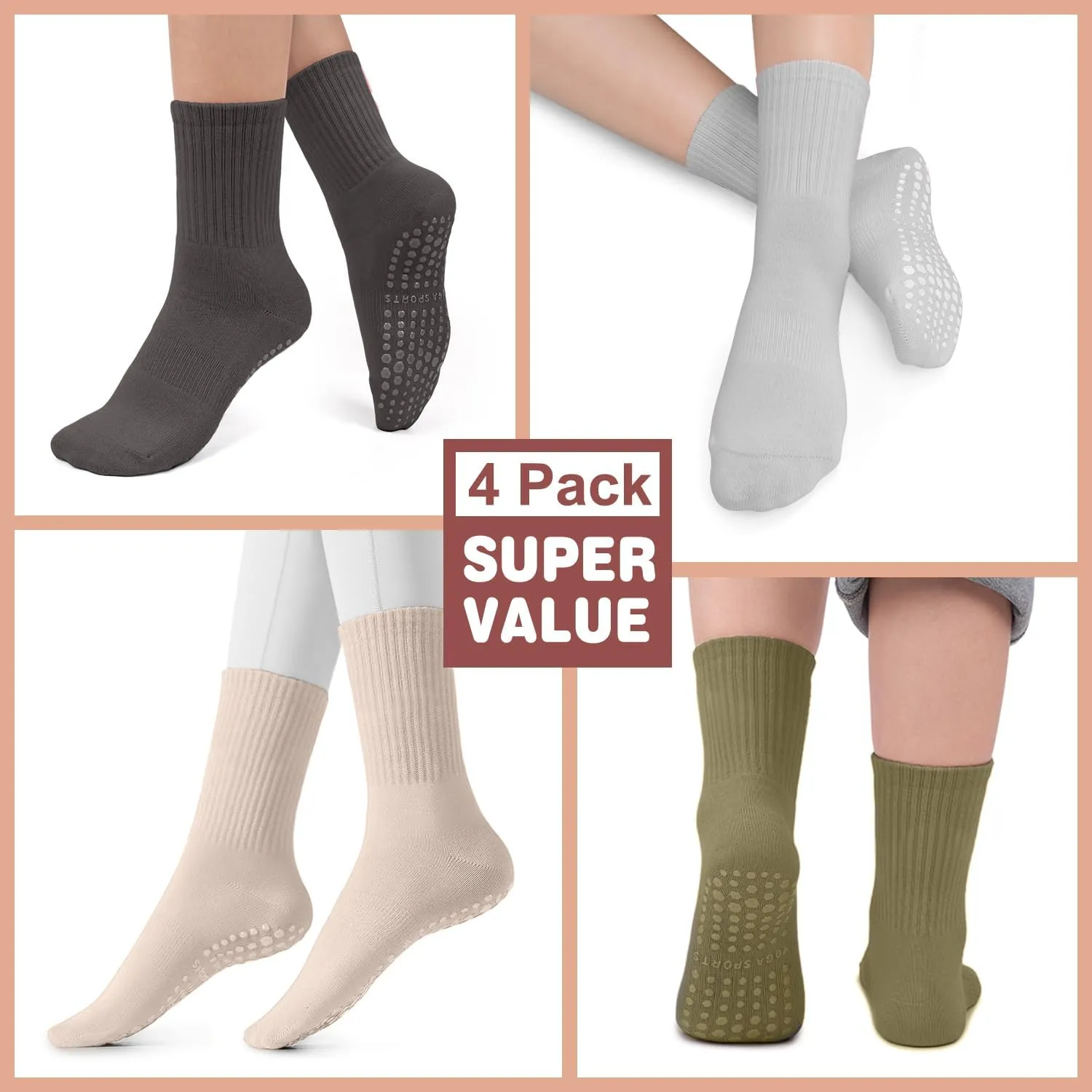 Pilates Socks with Grips for Women, Non-Slip Yoga Athletic Socks for Barre Barefoot Workout Hospital
