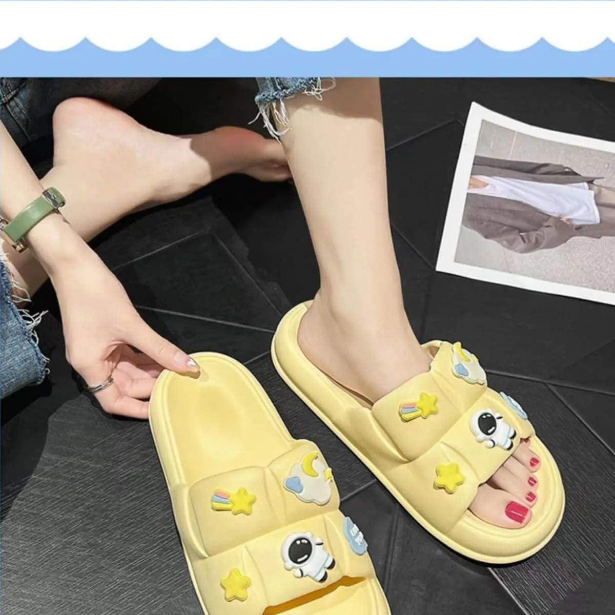 Pillow Slippers for Women Non-Slip Quick Drying Shower Slides Bathroom Sandals Thick Sole Astronaut Decorations