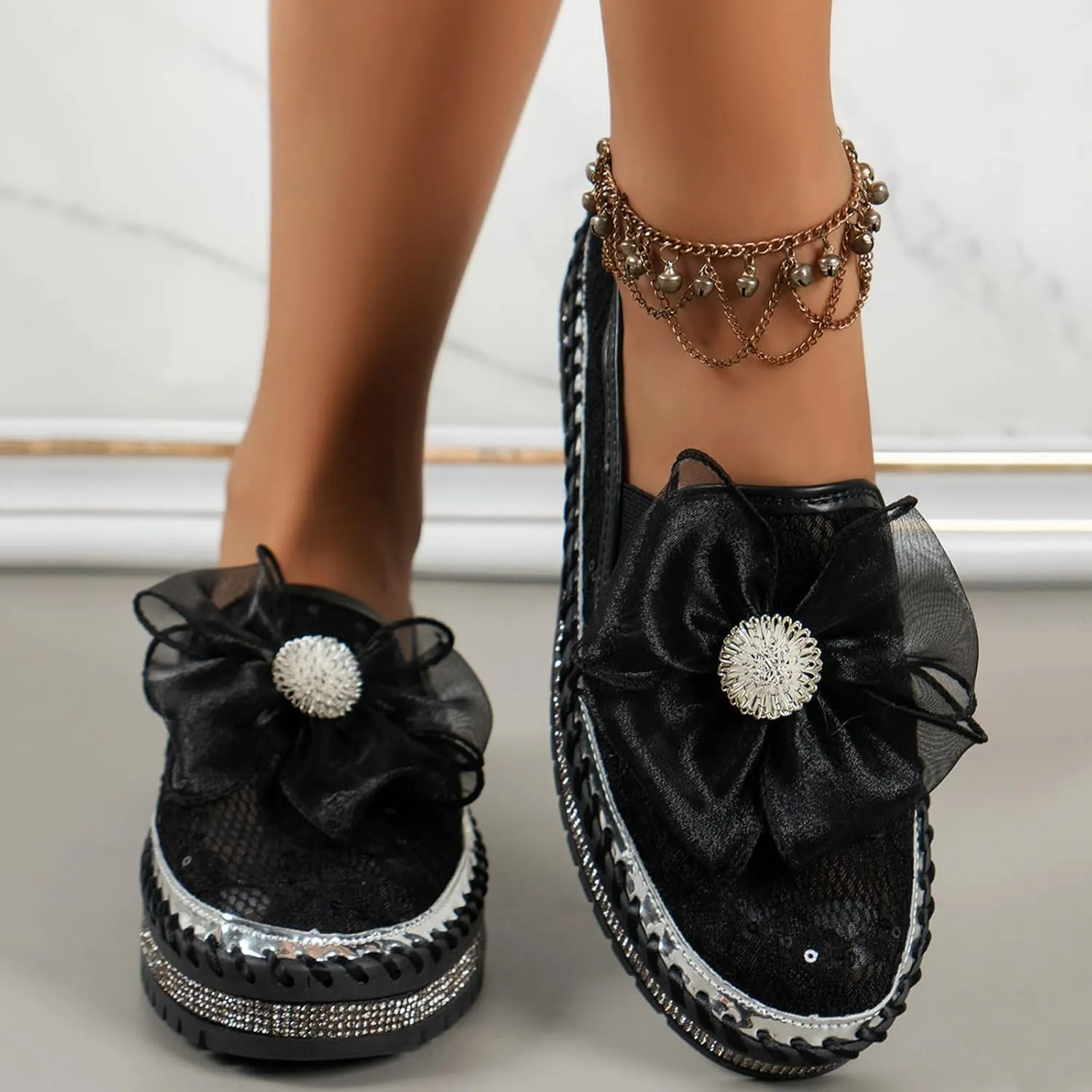 Platform Rhinestones Glitter Sneaker for Women Sparkle Slip On Comfort Sneaker Flat Loafer Casual Shoes