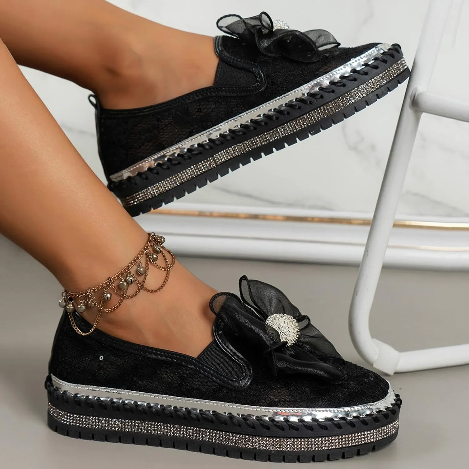 Platform Rhinestones Glitter Sneaker for Women Sparkle Slip On Comfort Sneaker Flat Loafer Casual Shoes