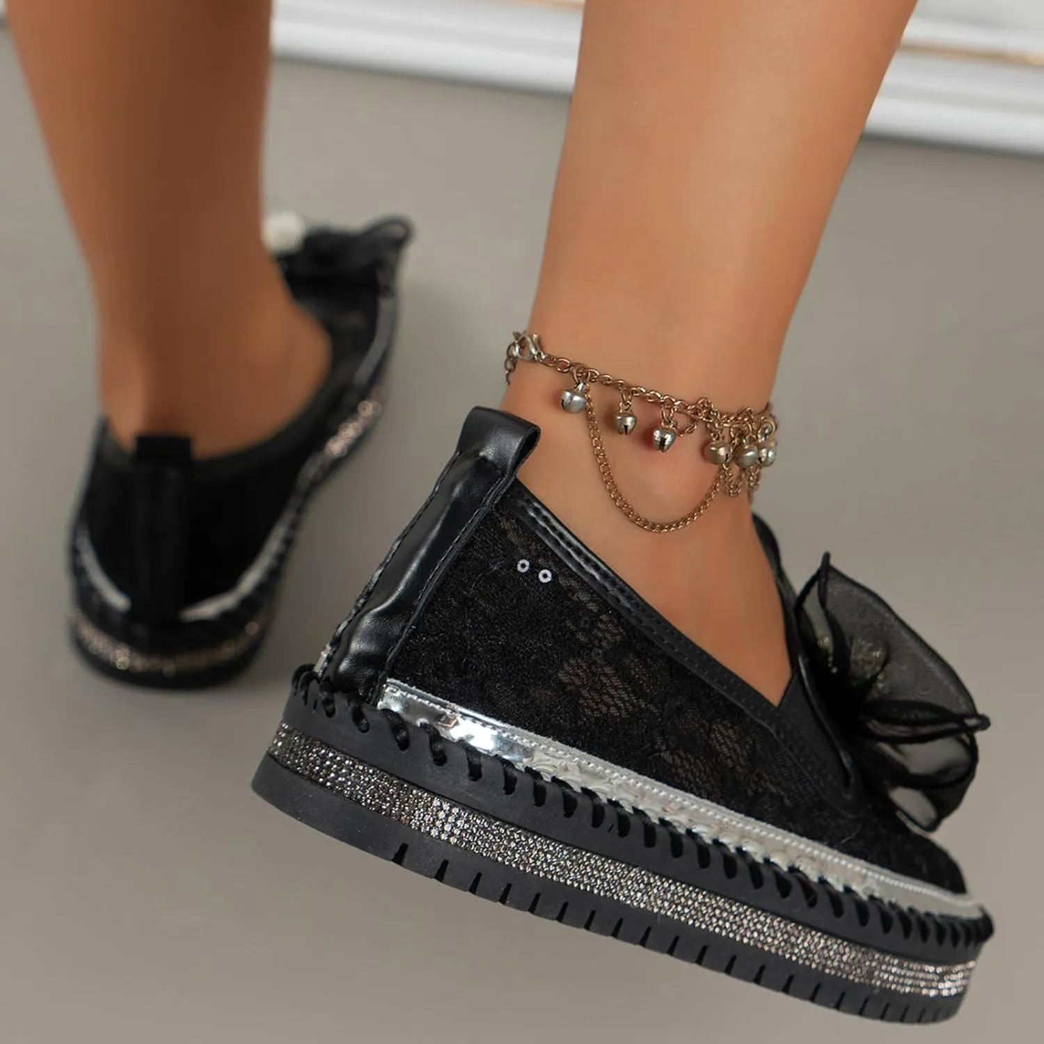 Platform Rhinestones Glitter Sneaker for Women Sparkle Slip On Comfort Sneaker Flat Loafer Casual Shoes