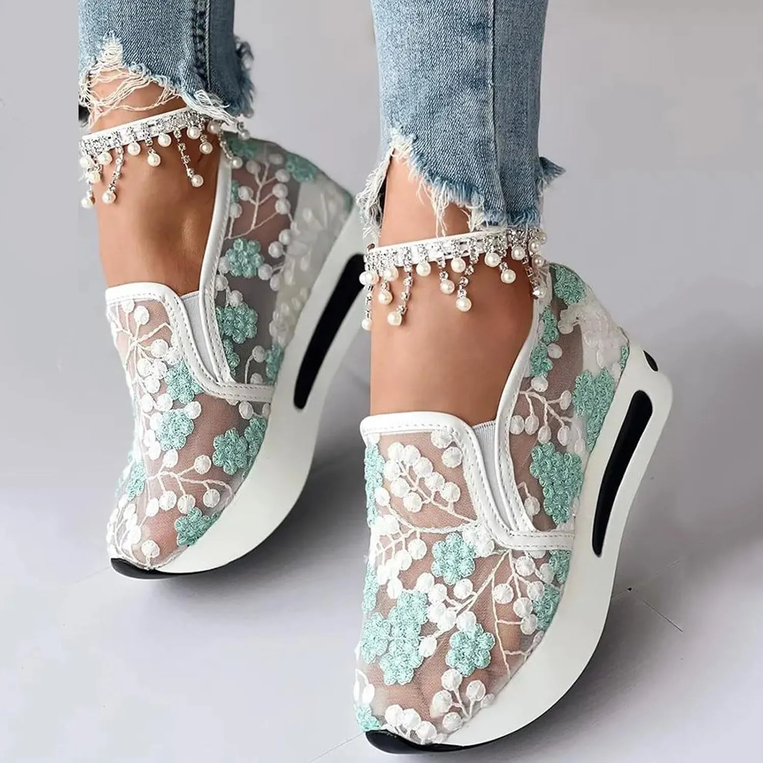 Platform Wedge Sneakers for Women 2025 Floral Embroidery Breathable Sheer Mesh Lace Sneakers Slip on Loafers Breathable Walking Work Shoes with Arch Support