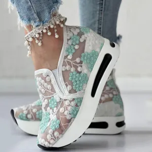 Platform Wedge Sneakers for Women 2025 Floral Embroidery Breathable Sheer Mesh Lace Sneakers Slip on Loafers Breathable Walking Work Shoes with Arch Support