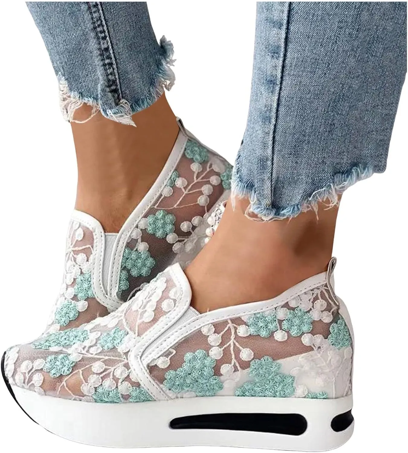 Platform Wedge Sneakers for Women 2025 Floral Embroidery Breathable Sheer Mesh Lace Sneakers Slip on Loafers Breathable Walking Work Shoes with Arch Support