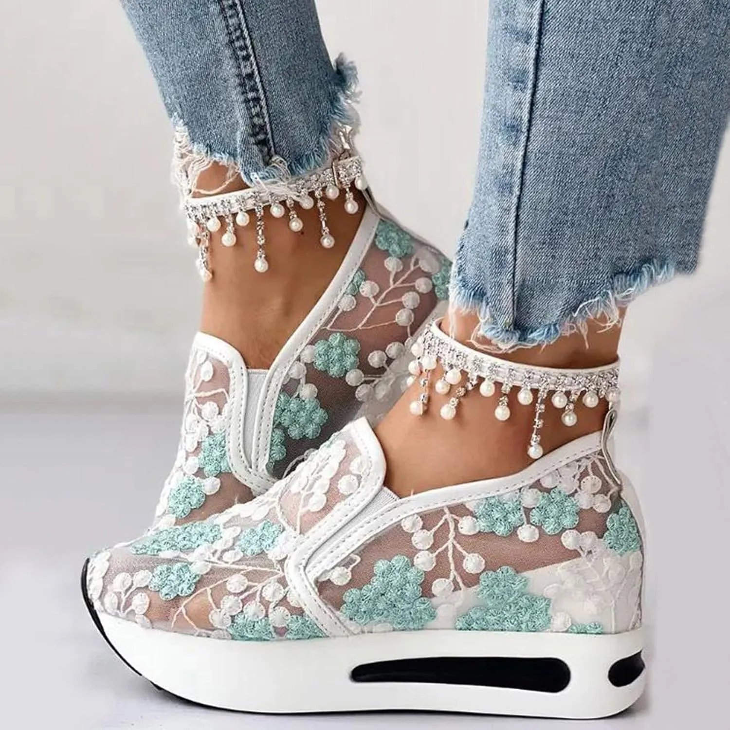 Platform Wedge Sneakers for Women 2025 Floral Embroidery Breathable Sheer Mesh Lace Sneakers Slip on Loafers Breathable Walking Work Shoes with Arch Support
