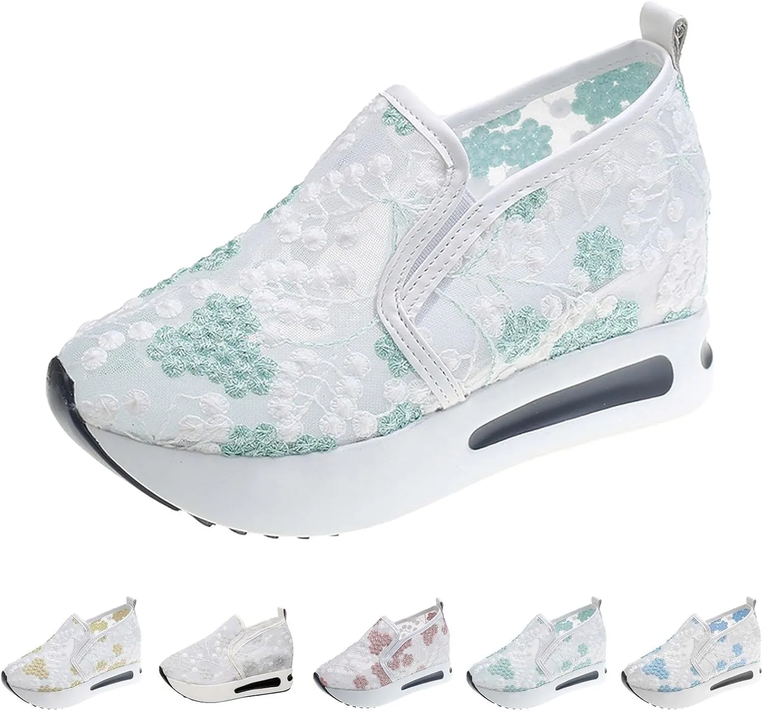 Platform Wedge Sneakers for Women 2025 Floral Embroidery Breathable Sheer Mesh Lace Sneakers Slip on Loafers Breathable Walking Work Shoes with Arch Support