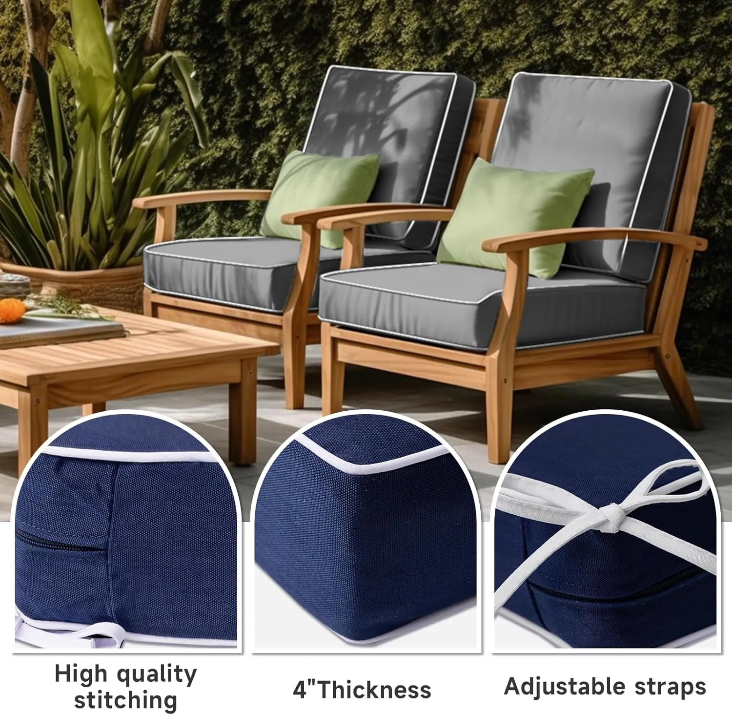 PNP FKJP 2 Pack Outdoor Chair Cushion 20" X 20" X 4", Waterproof Outdoor Seat Cushions with Non-Skid Ties, Navy (Cushion   Cover)