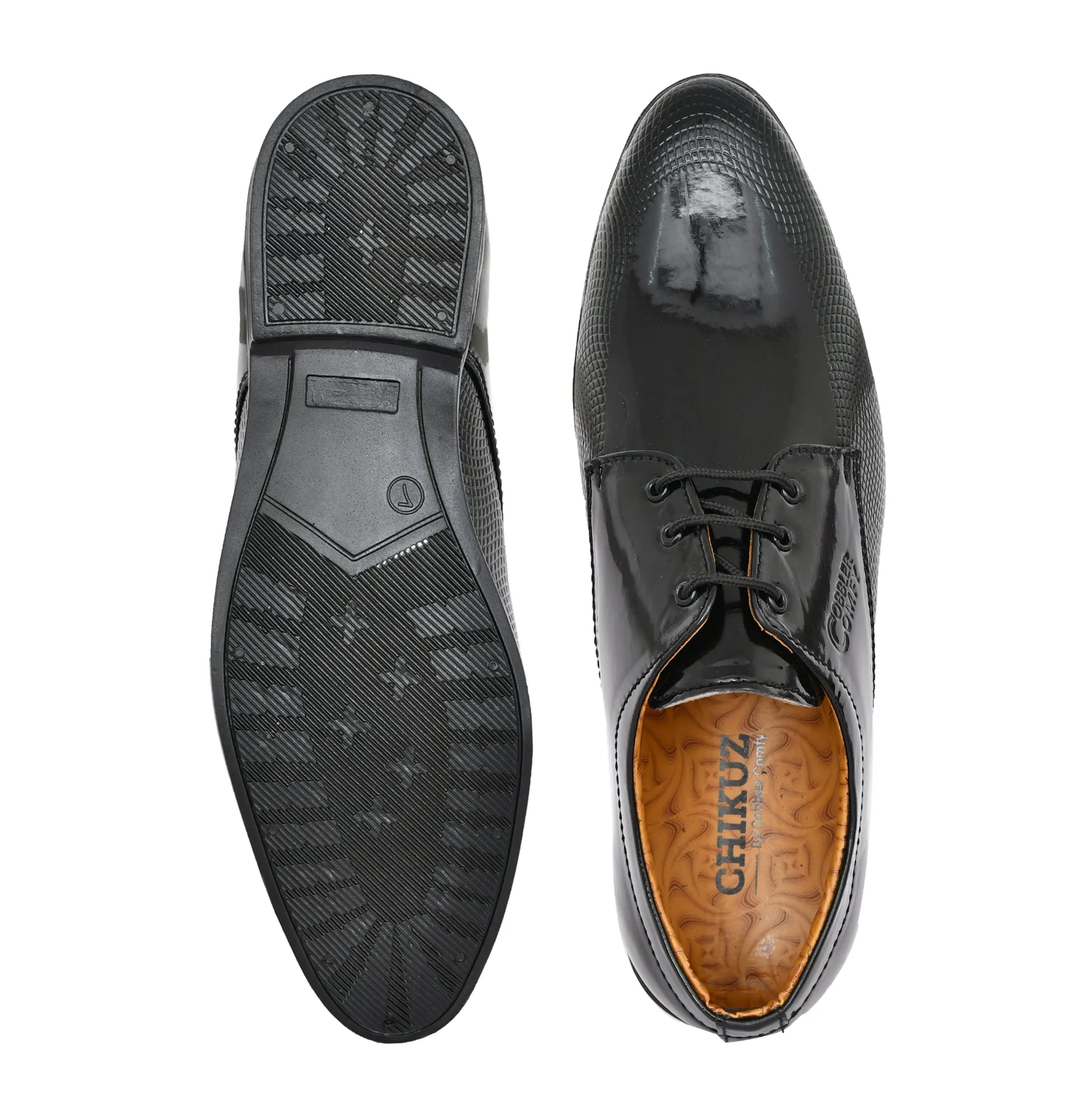 Pointed-toe Shiny Lace-up Shoes for Men with Check Imprints  Black