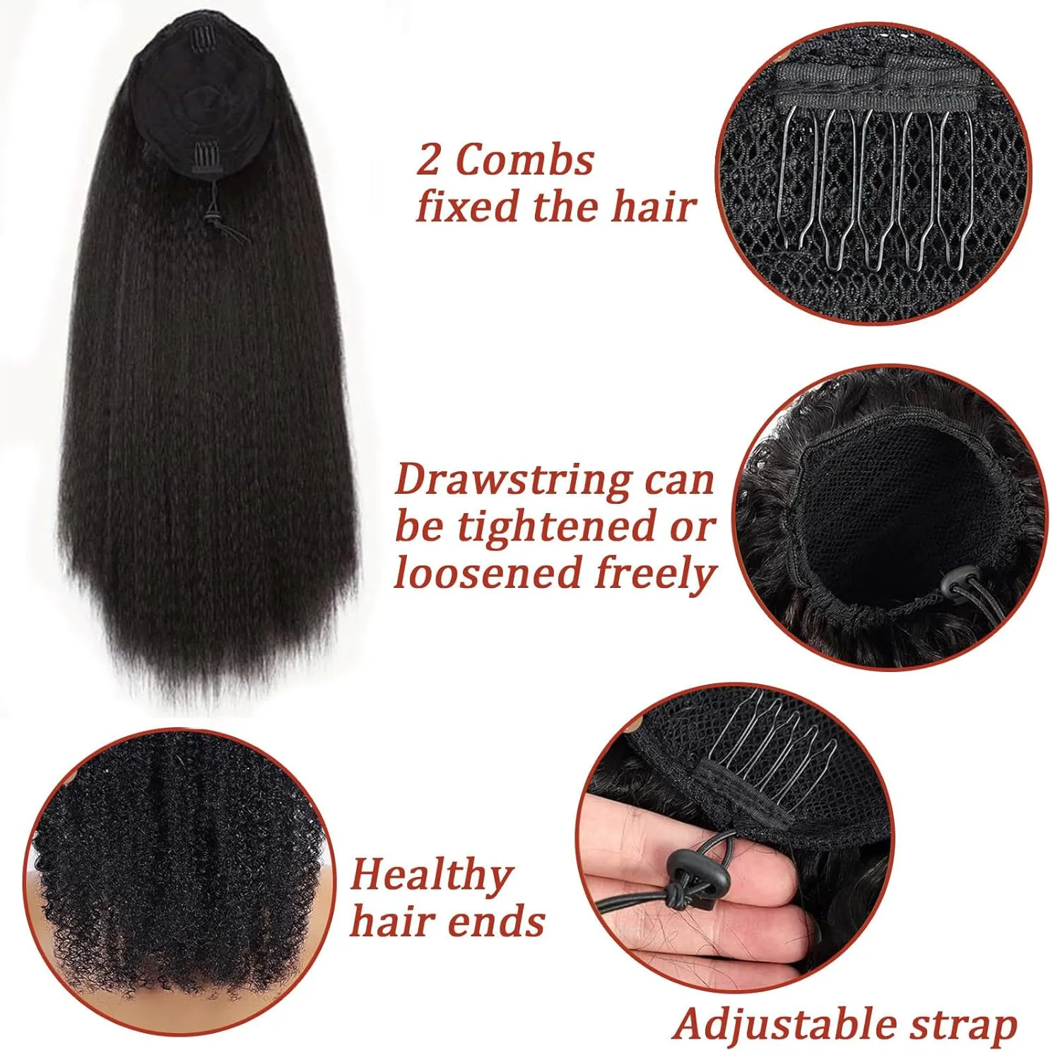 Ponytail Extension Drawstring Human Hair Clip in Pony Tail Hair Extensions for Black Women Curly Wave Thick Natural Looking Hair Pieces Kinky Straight Human Hair Ponytail（22Inch）