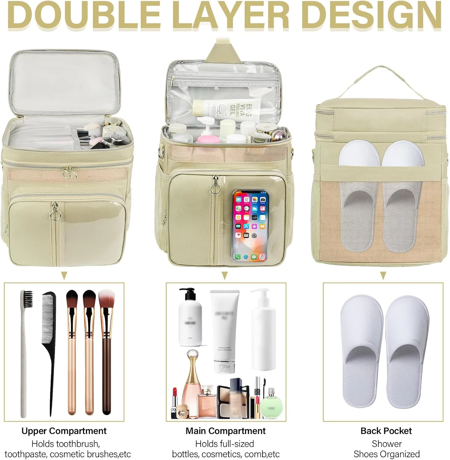 Portable Shower Caddy College, Quickly Dry Tolietry Mesh Tote Bag for Dorm Room Essentials, Hanging Bathroom Organizer Bag for Travel, Gym, Camping (Apricot)