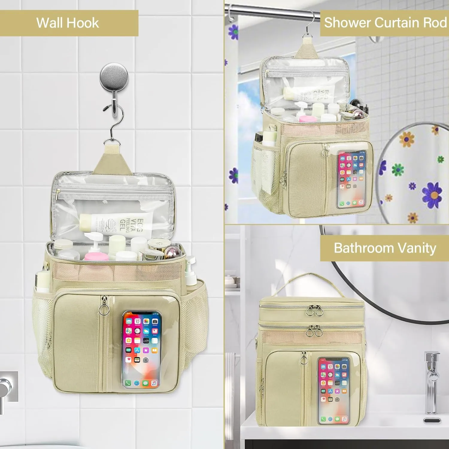 Portable Shower Caddy College, Quickly Dry Tolietry Mesh Tote Bag for Dorm Room Essentials, Hanging Bathroom Organizer Bag for Travel, Gym, Camping (Apricot)
