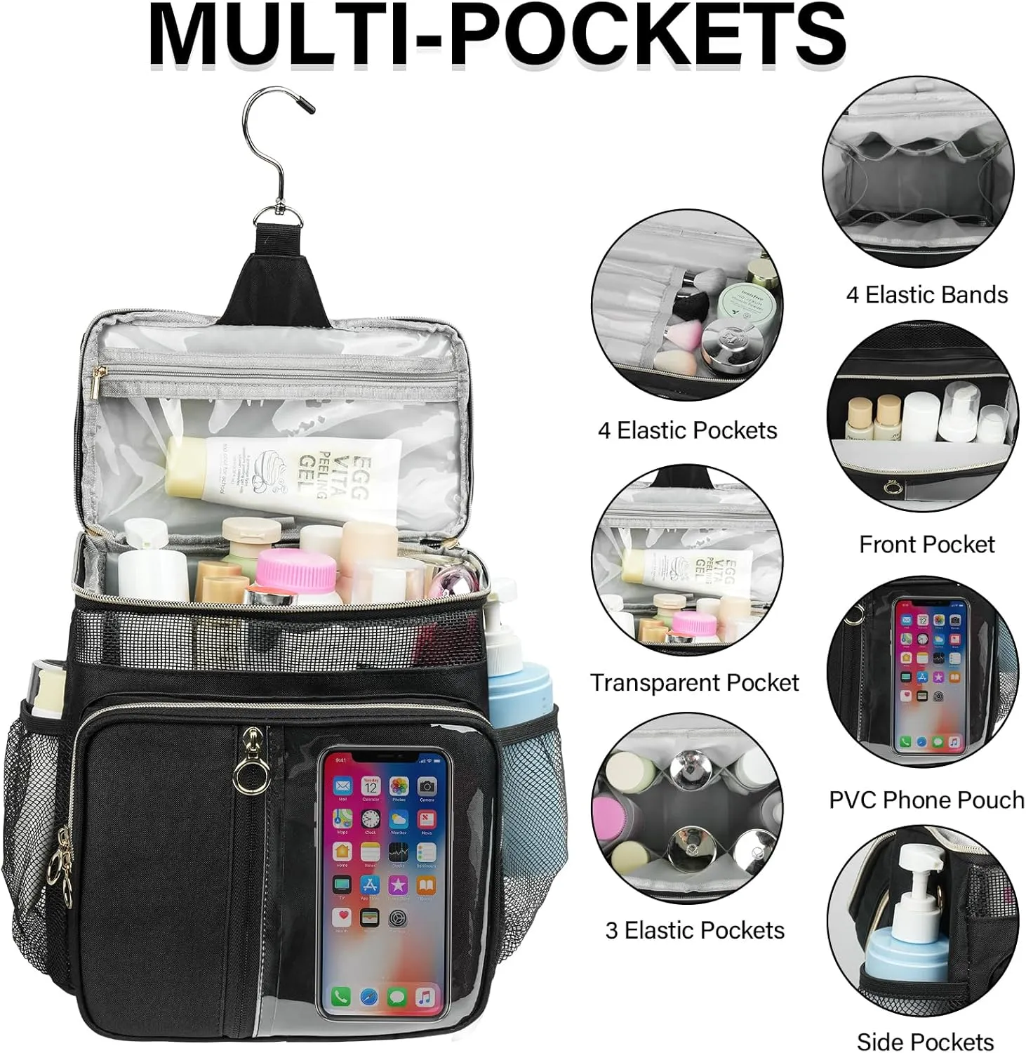 Portable Shower Caddy College, Quickly Dry Tolietry Mesh Tote Bag for Dorm Room Essentials, Hanging Bathroom Organizer Bag for Travel, Gym, Camping (Black)