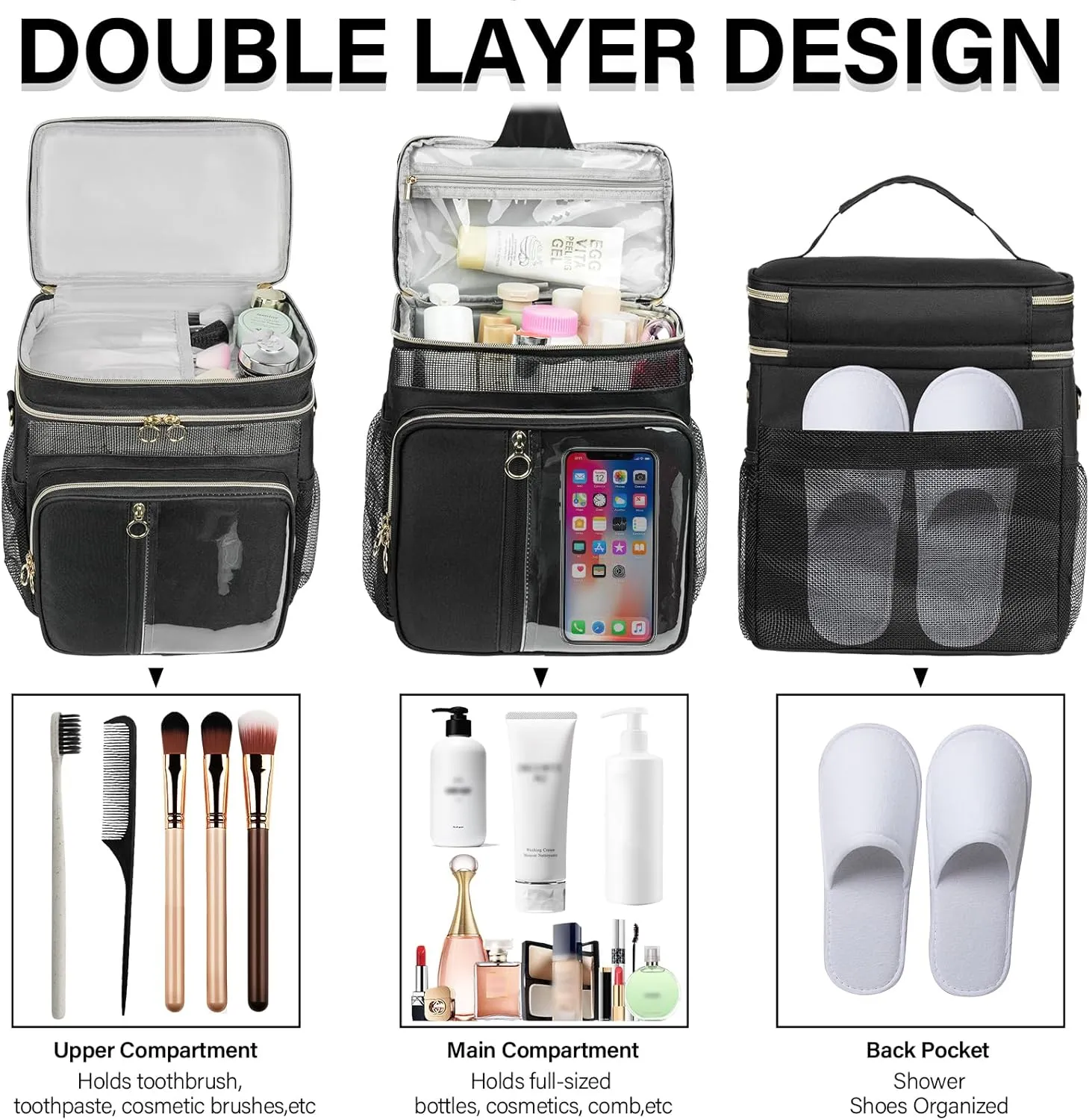Portable Shower Caddy College, Quickly Dry Tolietry Mesh Tote Bag for Dorm Room Essentials, Hanging Bathroom Organizer Bag for Travel, Gym, Camping (Black)