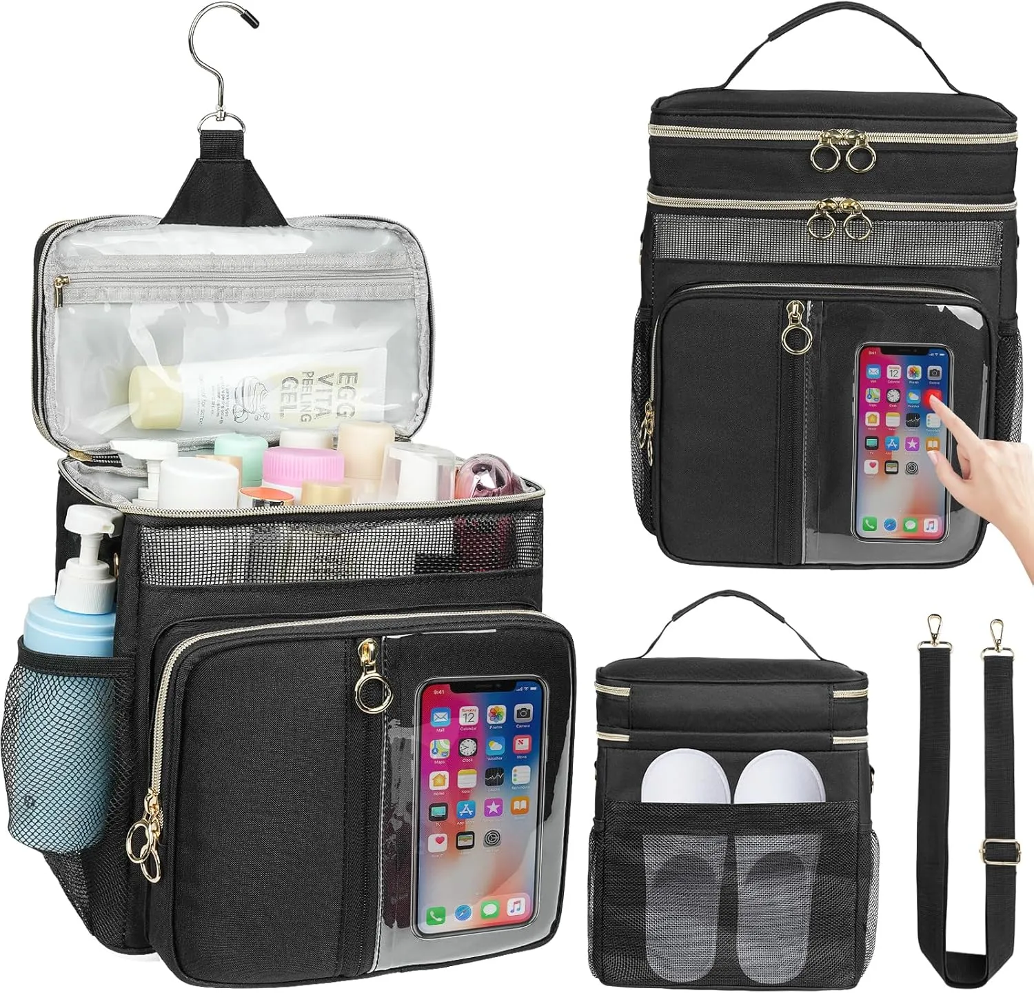 Portable Shower Caddy College, Quickly Dry Tolietry Mesh Tote Bag for Dorm Room Essentials, Hanging Bathroom Organizer Bag for Travel, Gym, Camping (Black)