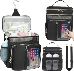 Portable Shower Caddy College, Quickly Dry Tolietry Mesh Tote Bag for Dorm Room Essentials, Hanging Bathroom Organizer Bag for Travel, Gym, Camping (Black)