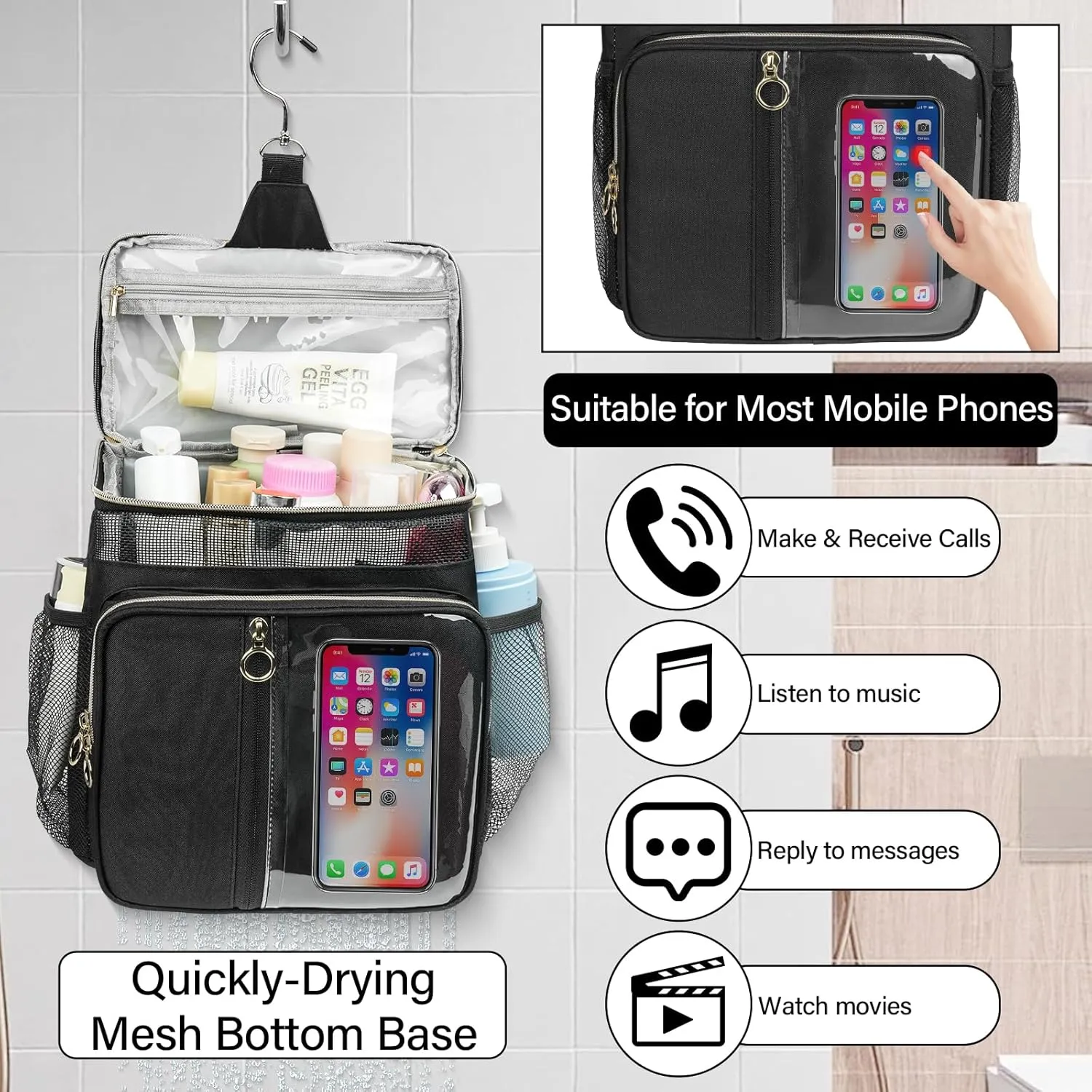 Portable Shower Caddy College, Quickly Dry Tolietry Mesh Tote Bag for Dorm Room Essentials, Hanging Bathroom Organizer Bag for Travel, Gym, Camping (Black)