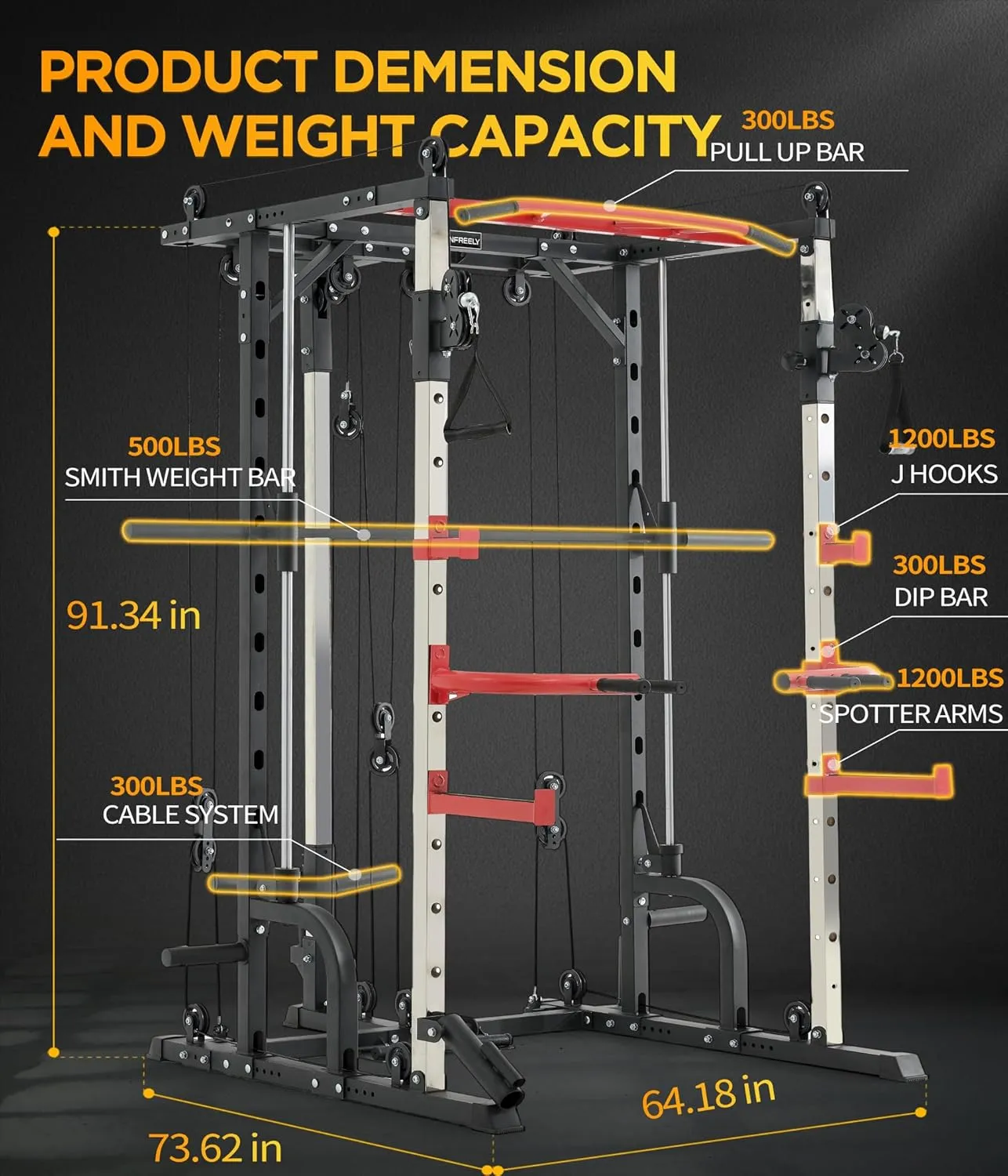 Power Rack for Home Gym, Smith-Machine with Cable Crossover for Full-Body Workout, All-in-one Trainer Equipment for Strength Training, Squat, Bench Press and Pull Up Bar