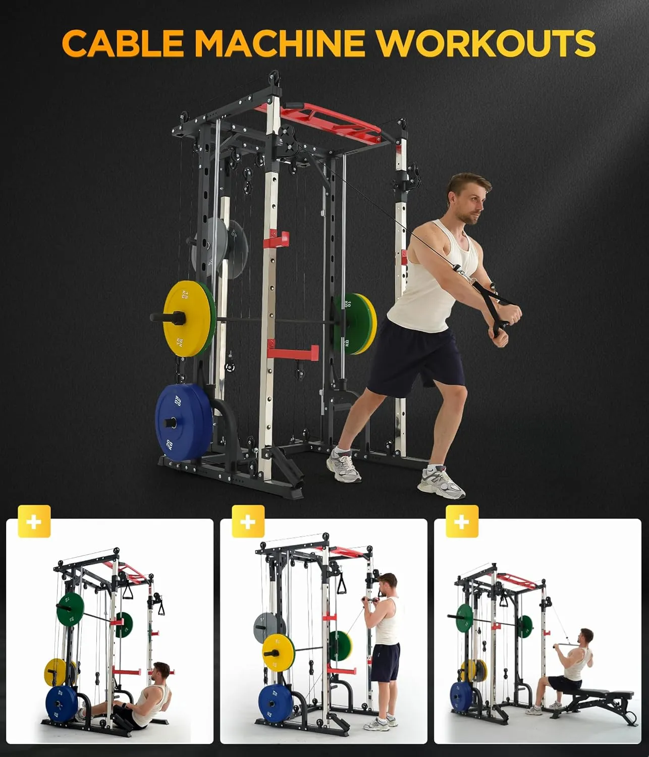 Power Rack for Home Gym, Smith-Machine with Cable Crossover for Full-Body Workout, All-in-one Trainer Equipment for Strength Training, Squat, Bench Press and Pull Up Bar