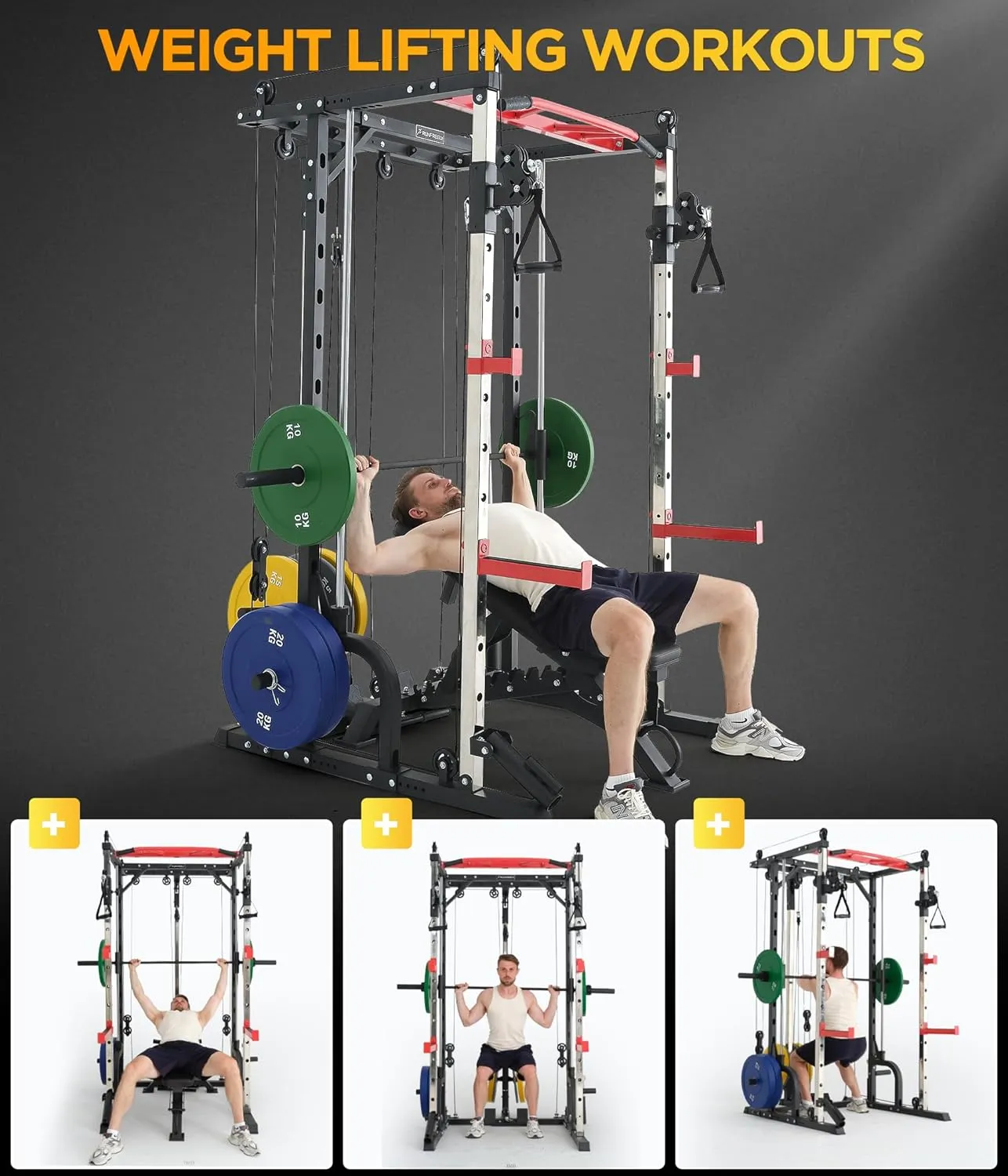 Power Rack for Home Gym, Smith-Machine with Cable Crossover for Full-Body Workout, All-in-one Trainer Equipment for Strength Training, Squat, Bench Press and Pull Up Bar