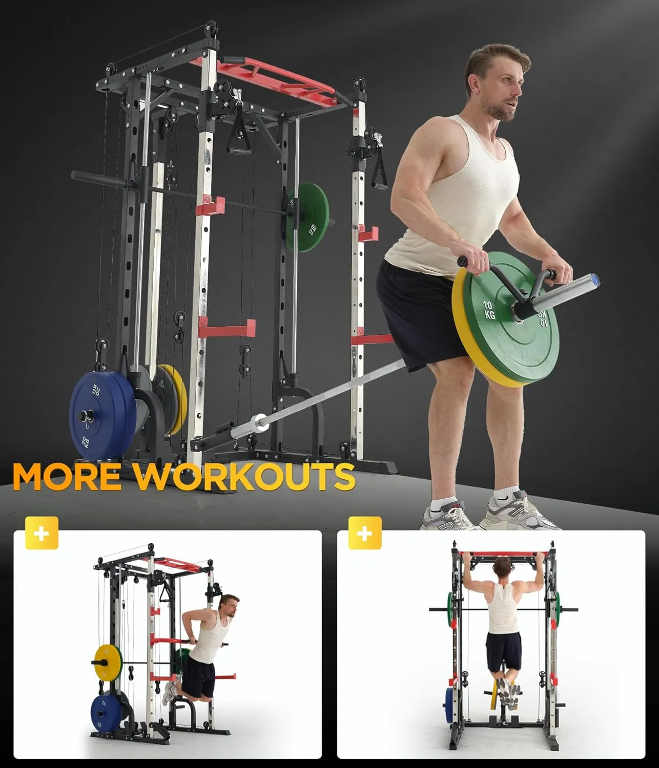 Power Rack for Home Gym, Smith-Machine with Cable Crossover for Full-Body Workout, All-in-one Trainer Equipment for Strength Training, Squat, Bench Press and Pull Up Bar