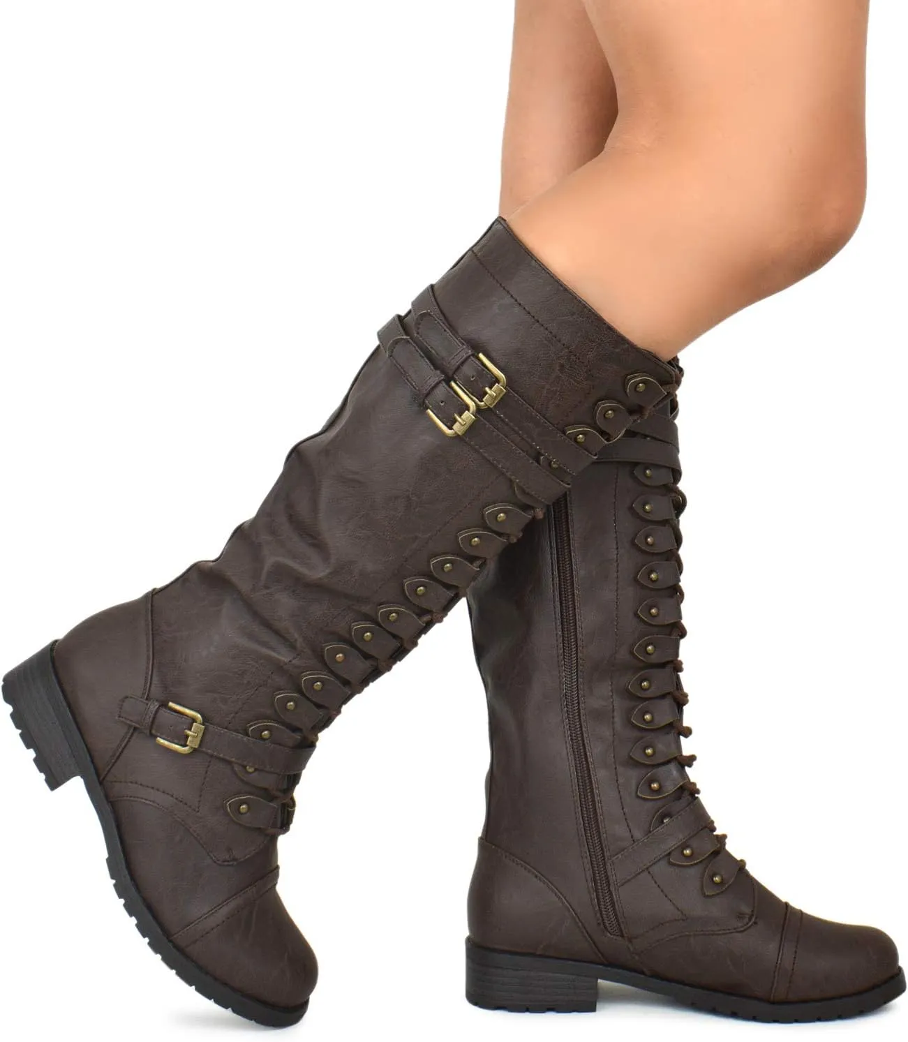 Premier Standard - Women's Lace-Up Strappy Knee High Combat Stacked Heel Boot