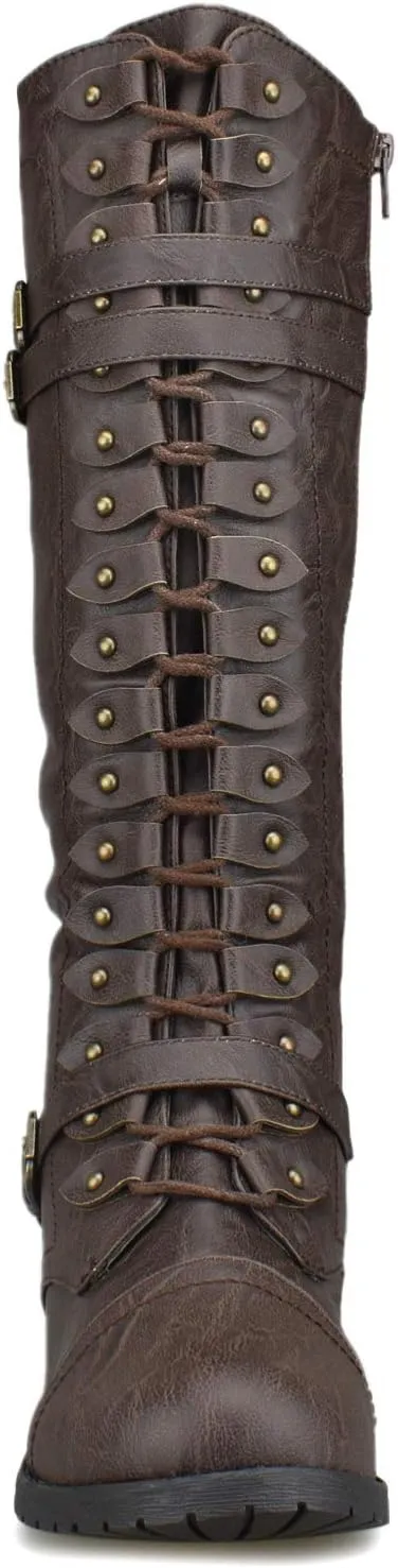 Premier Standard - Women's Lace-Up Strappy Knee High Combat Stacked Heel Boot