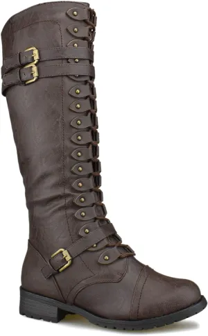 Premier Standard - Women's Lace-Up Strappy Knee High Combat Stacked Heel Boot