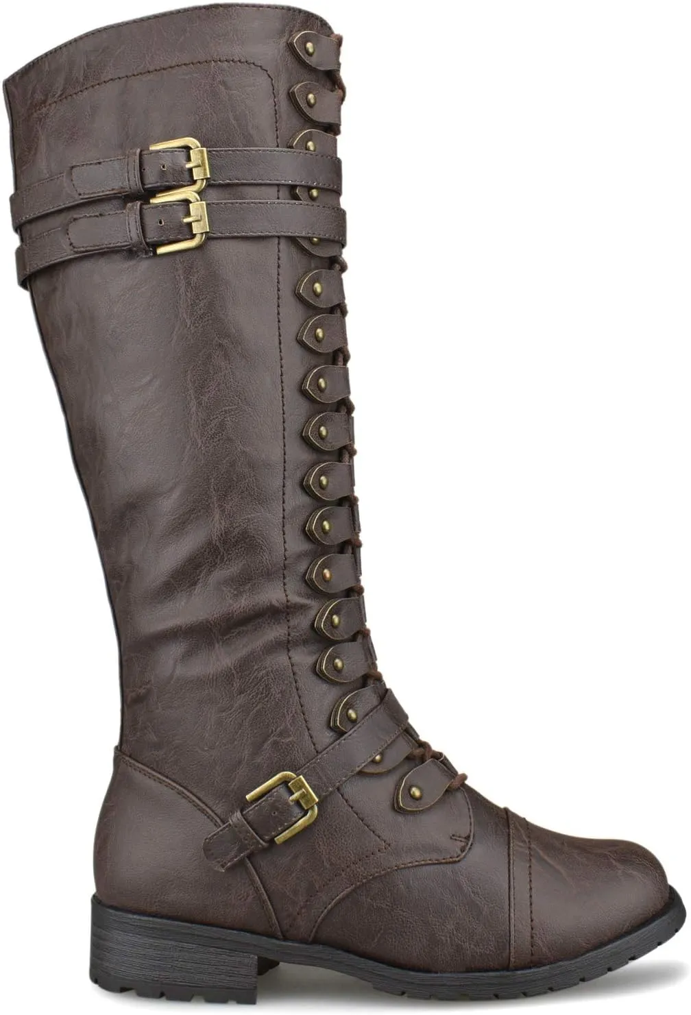 Premier Standard - Women's Lace-Up Strappy Knee High Combat Stacked Heel Boot