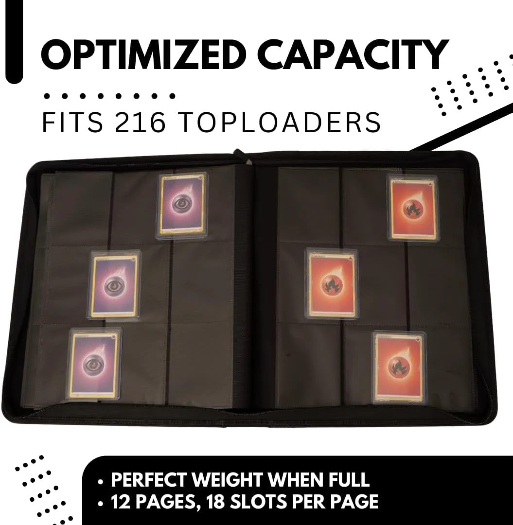 Premium Top Loader Binder for 216 Cards - Non-Tenting 9 Pocket Double Sided Design - Zipper-Enclosed Ringless Toploader Binder (Vintage, Black Interior, 216 Cards)