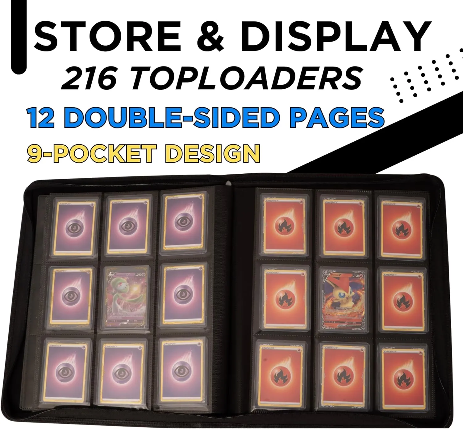 Premium Top Loader Binder for 216 Cards - Non-Tenting 9 Pocket Double Sided Design - Zipper-Enclosed Ringless Toploader Binder (Vintage, Black Interior, 216 Cards)