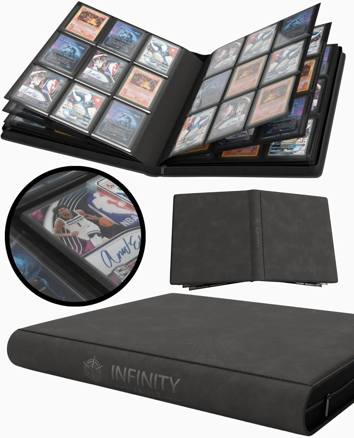 Premium Top Loader Binder for 216 Cards - Non-Tenting 9 Pocket Double Sided Design - Zipper-Enclosed Ringless Toploader Binder (Vintage, Black Interior, 216 Cards)
