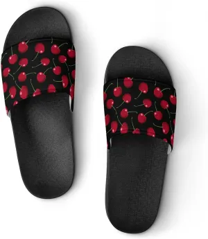 Red Cherries Black Womens Slide Sandals Non Slip Summer House Slippers for Girls Slip-on Flip Flops