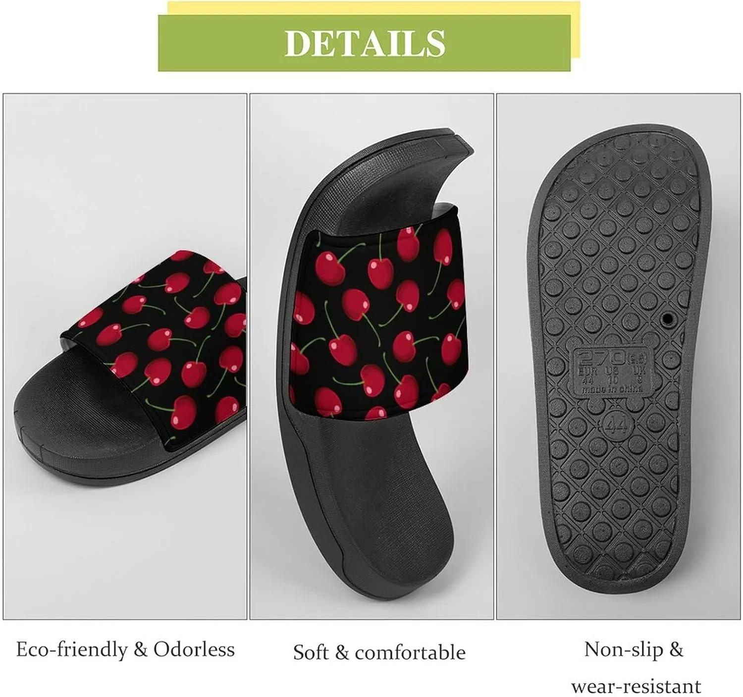 Red Cherries Black Womens Slide Sandals Non Slip Summer House Slippers for Girls Slip-on Flip Flops
