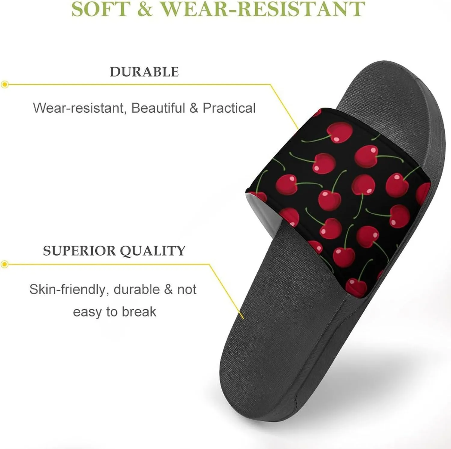 Red Cherries Black Womens Slide Sandals Non Slip Summer House Slippers for Girls Slip-on Flip Flops