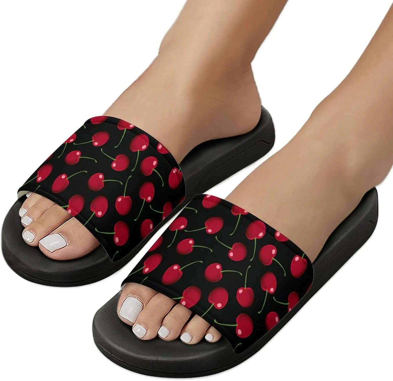 Red Cherries Black Womens Slide Sandals Non Slip Summer House Slippers for Girls Slip-on Flip Flops