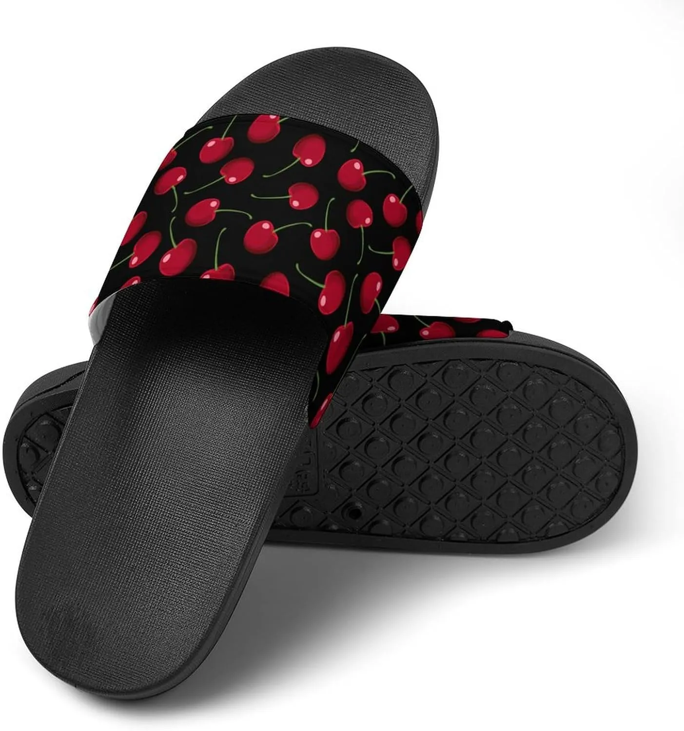 Red Cherries Black Womens Slide Sandals Non Slip Summer House Slippers for Girls Slip-on Flip Flops