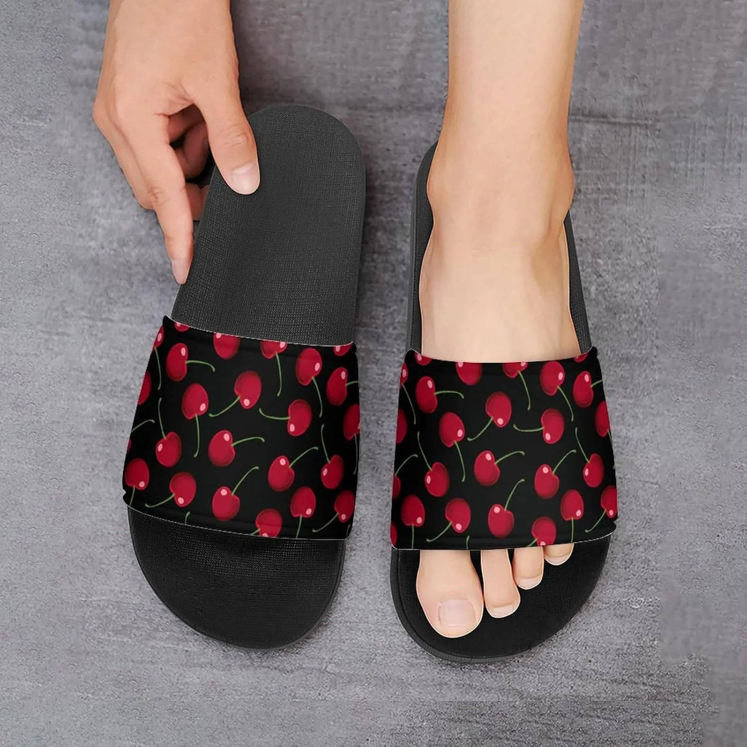 Red Cherries Black Womens Slide Sandals Non Slip Summer House Slippers for Girls Slip-on Flip Flops
