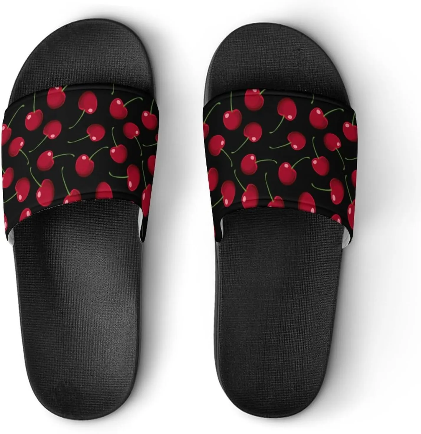 Red Cherries Black Womens Slide Sandals Non Slip Summer House Slippers for Girls Slip-on Flip Flops