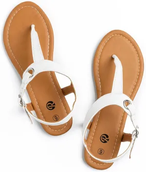 Rekayla Flat Thong Sandals with T-Strap and Adjustable Ankle Buckle for Women