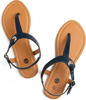 Rekayla Flat Thong Sandals with T-Strap and Adjustable Ankle Buckle for Women