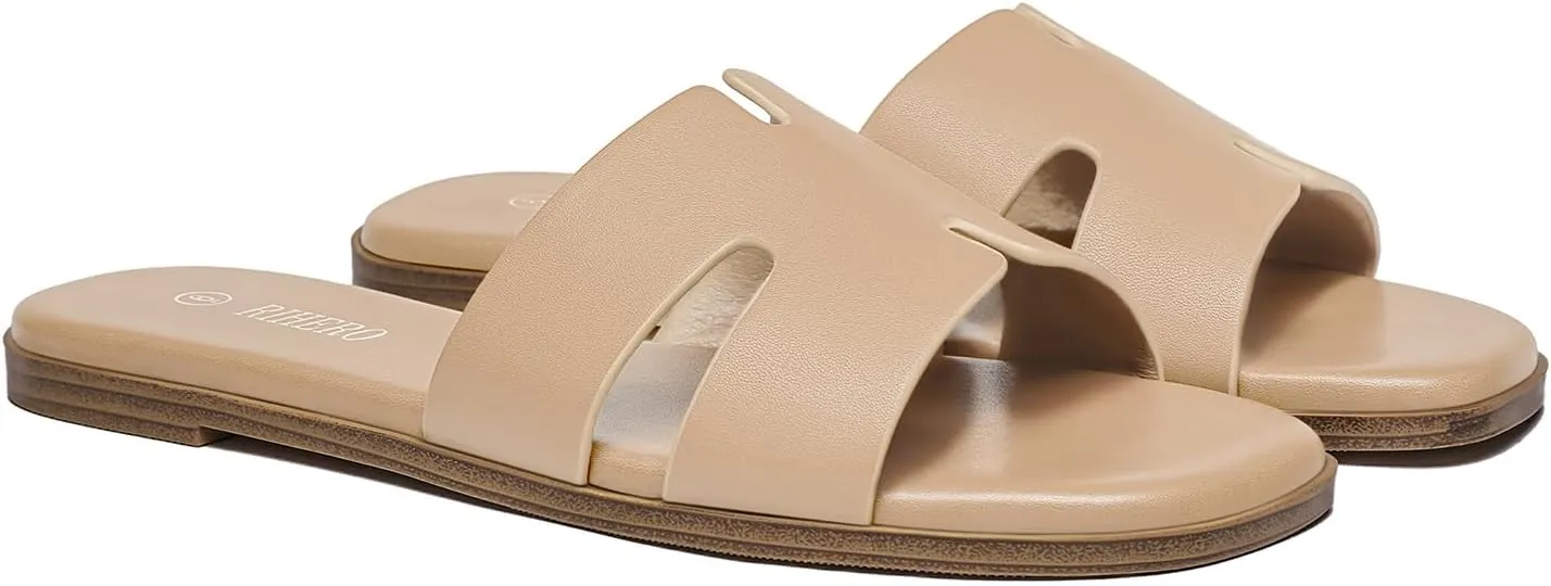 Rihero Women's Dressy Flat Sandals Comfortable Slip On Leather Slide Sandals