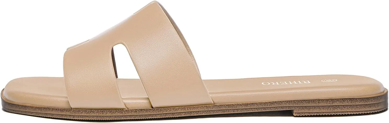 Rihero Women's Dressy Flat Sandals Comfortable Slip On Leather Slide Sandals