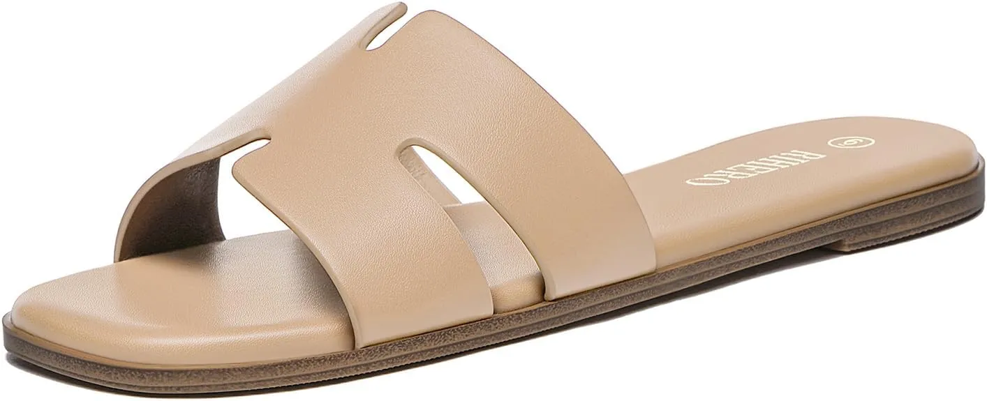 Rihero Women's Dressy Flat Sandals Comfortable Slip On Leather Slide Sandals