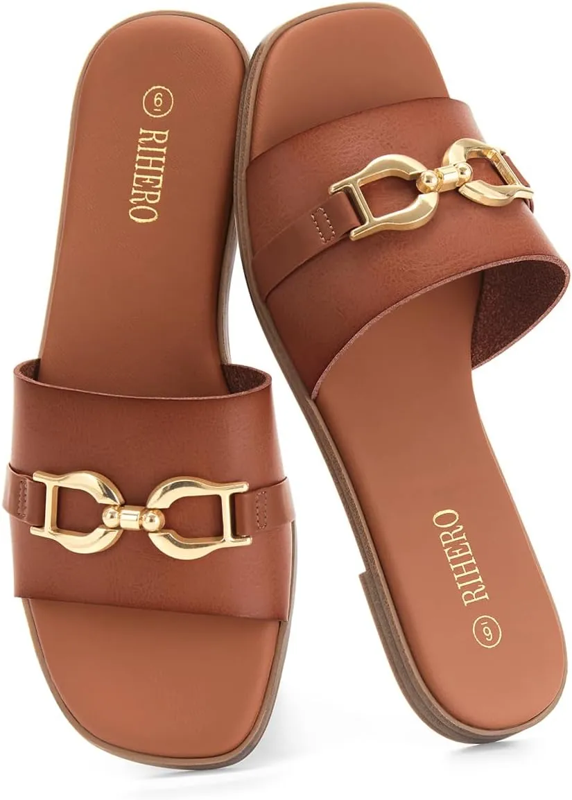 Rihero Women's Flat Sandals Summer Comfortable Square Open Toe Slip On Leather Slide Sandals