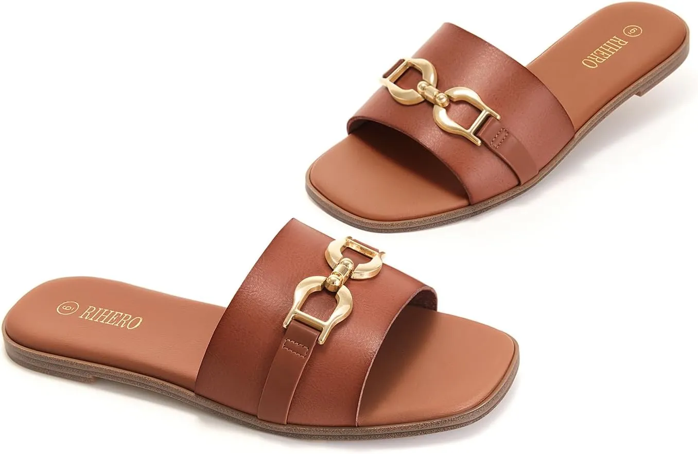 Rihero Women's Flat Sandals Summer Comfortable Square Open Toe Slip On Leather Slide Sandals
