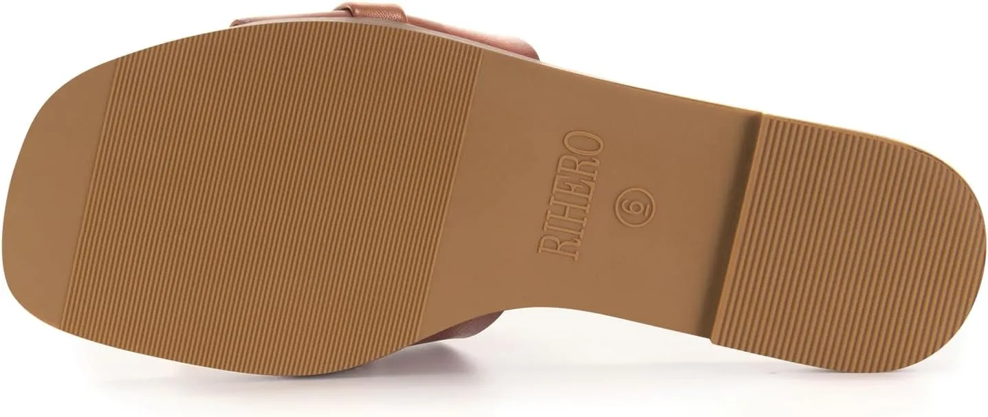 Rihero Women's Flat Sandals Summer Comfortable Square Open Toe Slip On Leather Slide Sandals